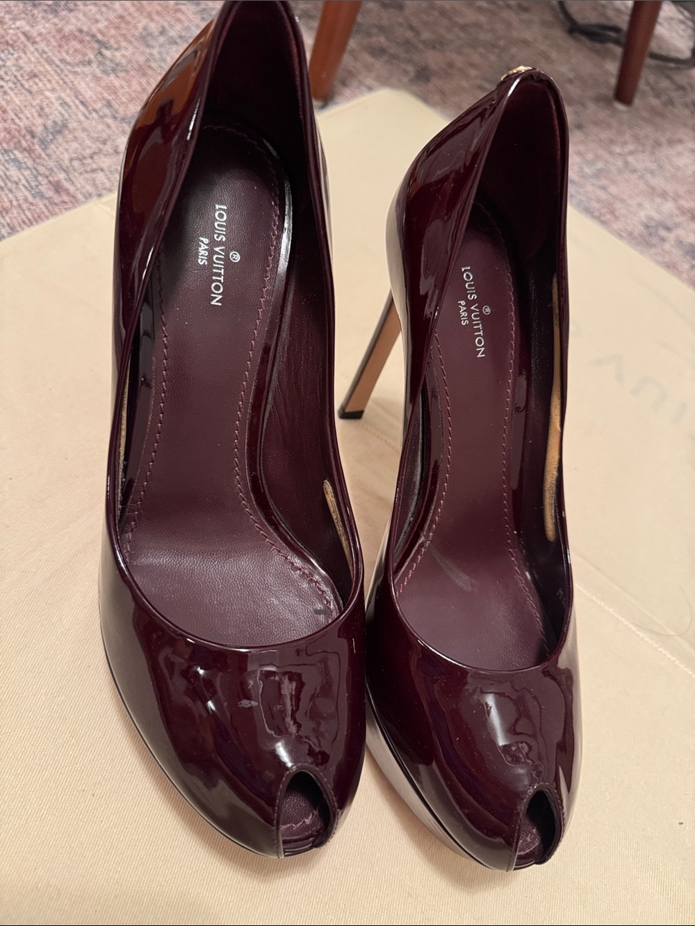 Louis Vuitton Women's Burgundy Patent Leather Peep-Toe Pumps
